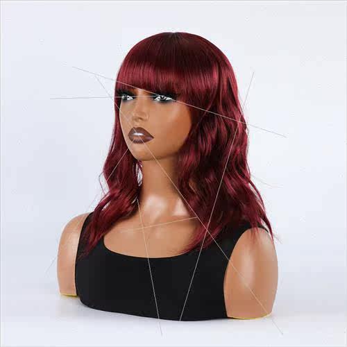 cos Europe bangs cute burgundy short curly head natural ladi - 图2
