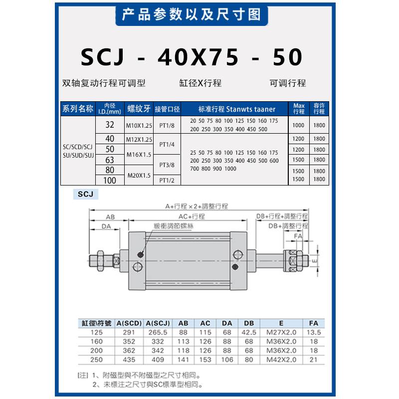 新款标准可调型气缸SCJ32-40-50-63X25X50X75X100X125X150X175X20 - 图0