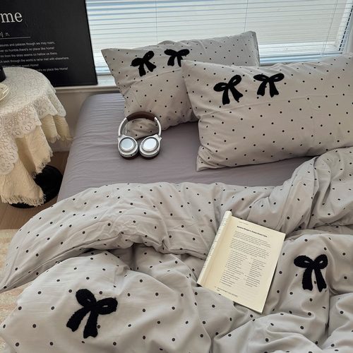 简约风灰色波点蝴蝶结毛巾绣水洗棉四件套软糯被套宿舍床单三件套 - 图0