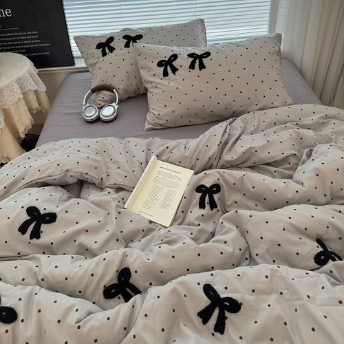 简约风灰色波点蝴蝶结毛巾绣水洗棉四件套软糯被套宿舍床单三件套 - 图2