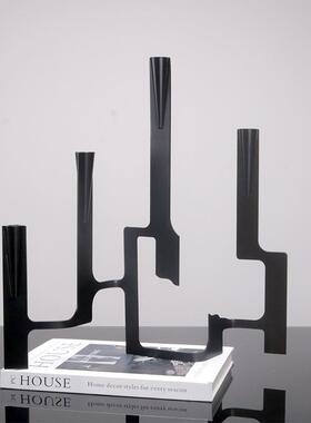 极简现代黑色金属几何创意烛台样板间售楼处室内餐桌面装饰品摆件