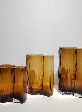 现代简约琥珀色树纹玻璃花瓶台面插花装饰家居桌面样板房设计摆件