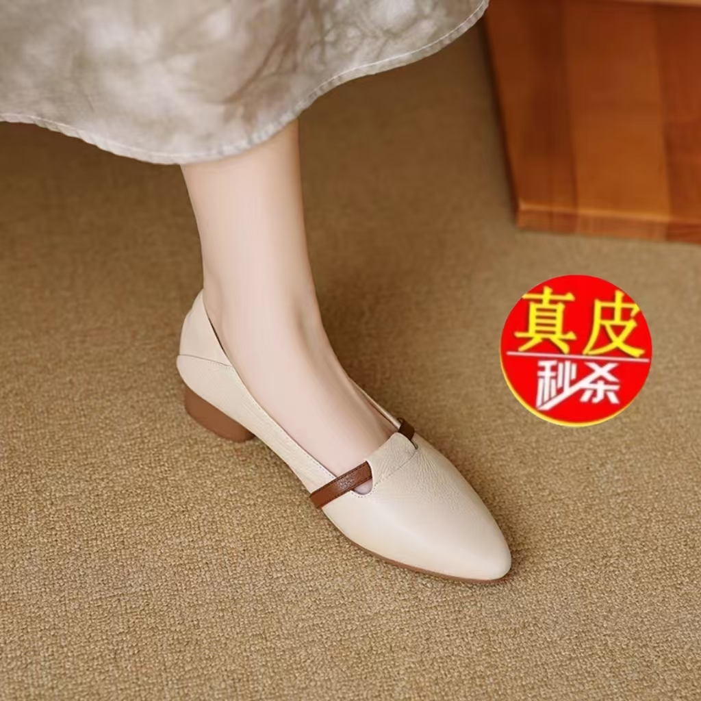 红青蜓真软皮一脚蹬平底单鞋女2025夏季新款配裙子法式尖头小皮鞋