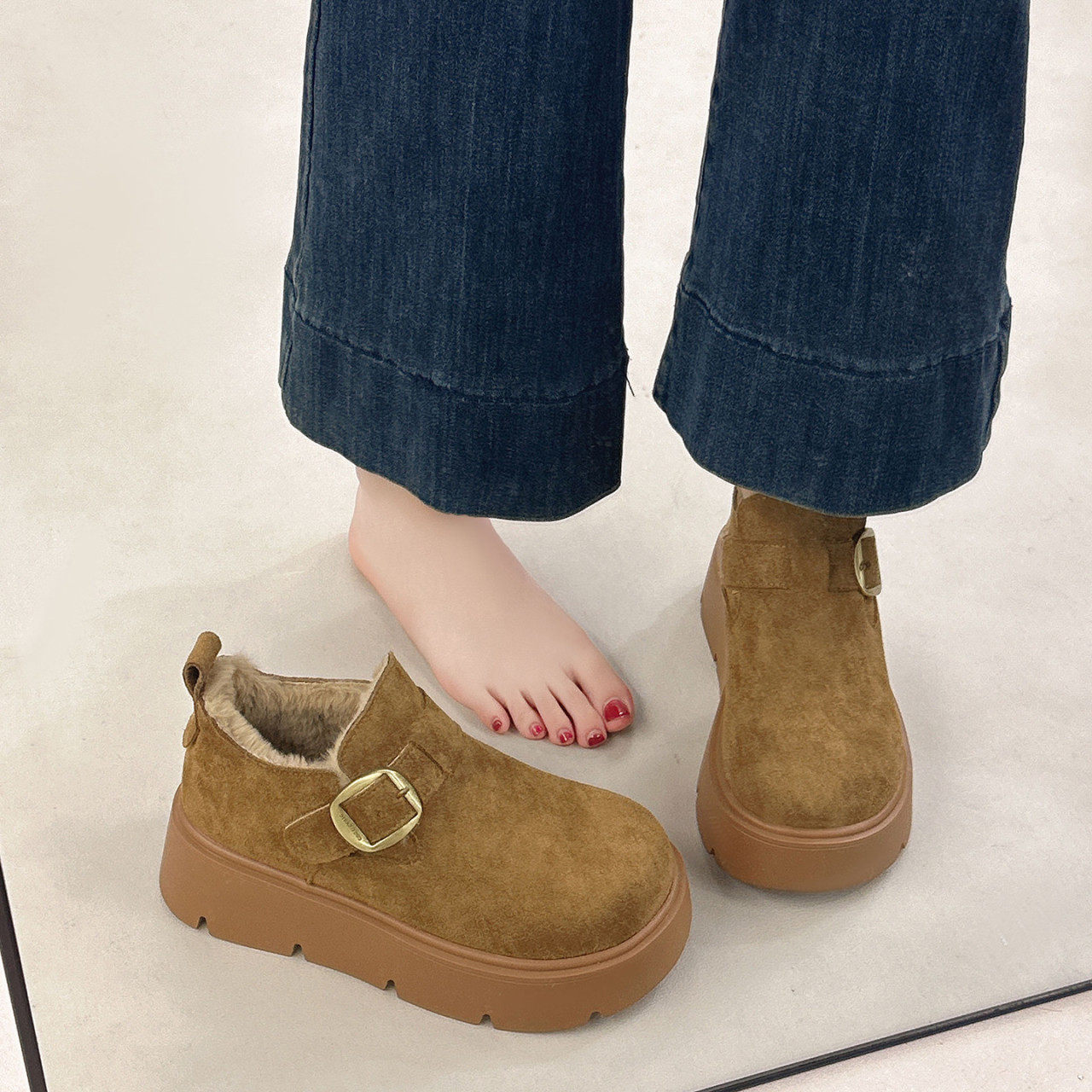 品牌真皮厚底增高加绒勃肯鞋女款2025冬季新款软底棉鞋保暖雪地靴,淘宝优惠券,粉丝福利购,淘宝优惠卷