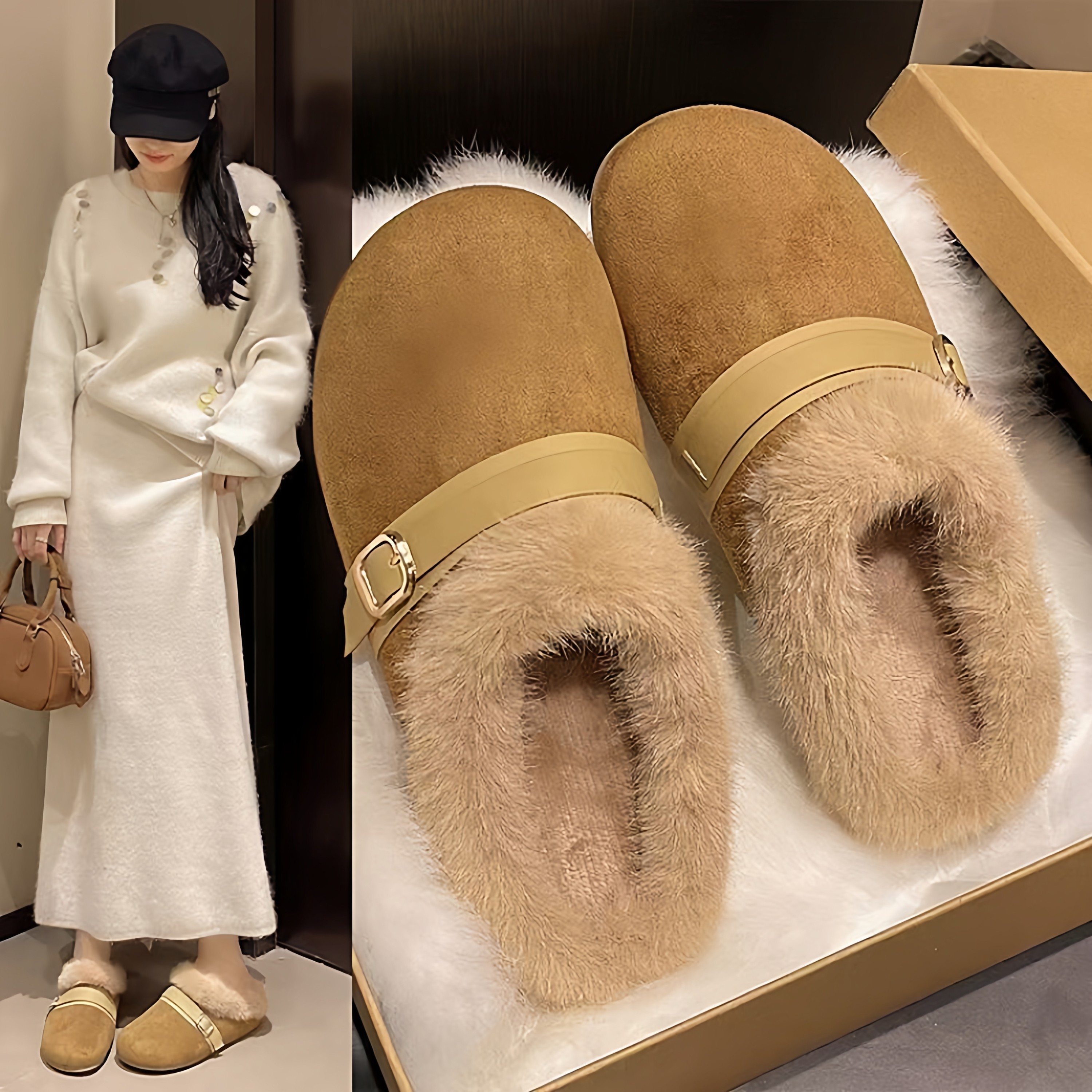 品牌真皮平底毛毛鞋女2025新款冬季外穿加绒保暖包头棉拖勃肯棉鞋,淘宝优惠券,粉丝福利购,淘宝优惠卷