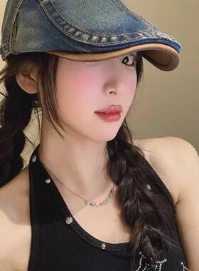 2黎邬优品小铺复古水洗牛仔前进帽女大头围显脸小英伦风贝雷帽子