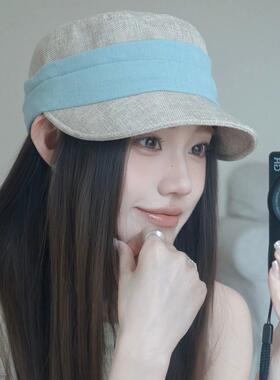 韩系淡蓝亚麻防晒宽檐鸭舌帽女