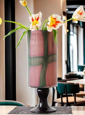 法式中古彩色手工拼色直筒玻璃花瓶新中式艺术高级感水养花器摆件