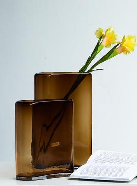 北欧简约大气不规则大扁桶养花玻璃花瓶设计新品软装桌面摆件