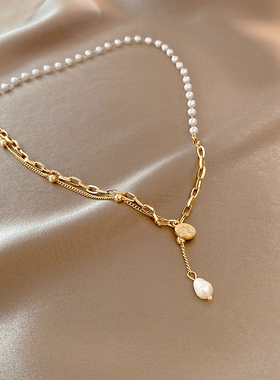 复古人像圆牌吊坠拼接项链女时尚款气质锁骨链2025年配饰