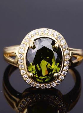 时尚简约椭圆形橄榄绿锆石戒指女 日韩精致镀18K黄金色开口指环