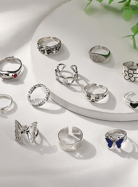 跨境新款热销戒指 时尚炫彩色宝石蝴蝶青蛙动物爱心12件套戒指女