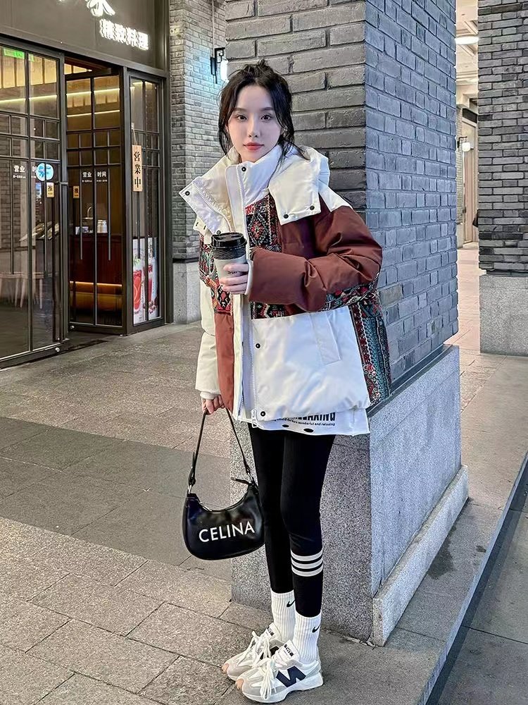 时尚国潮撞色拼接女士羽绒棉服2025冬季新款设计感小个子短款外套,淘宝优惠券,粉丝福利购,淘宝优惠卷