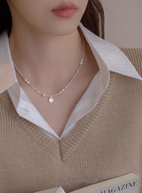 纯银珍珠碎银子项链轻奢小众设计999足银锁骨链送老婆生日礼物