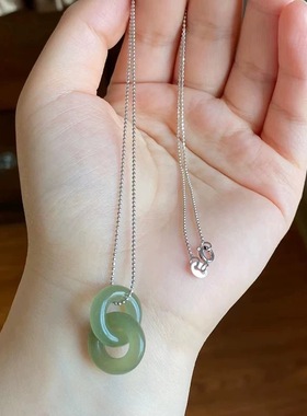 和田玉晴水料环环相扣锁骨链项链 温润冰透 搭配纯银豆豆链