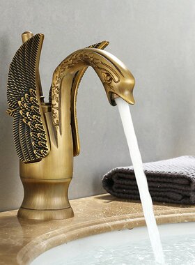 跨境浴室洗脸洗手盆水龙头黑色面盆水龙头金色天鹅冷热台上盆龙头