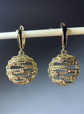 Vintage中古淡金色麻花链镂空圆