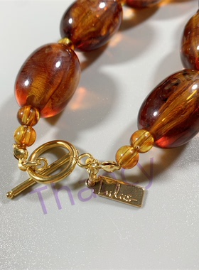 复古琥珀色桶珠项链耳环套装