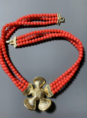 Vintage中古中国红色琉璃珍珠多