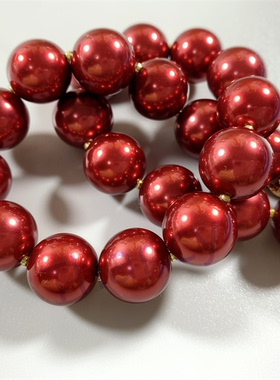 珠光酒红色人造珍珠项链CC打标