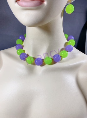 紫绿撞色果冻珠项链耳环