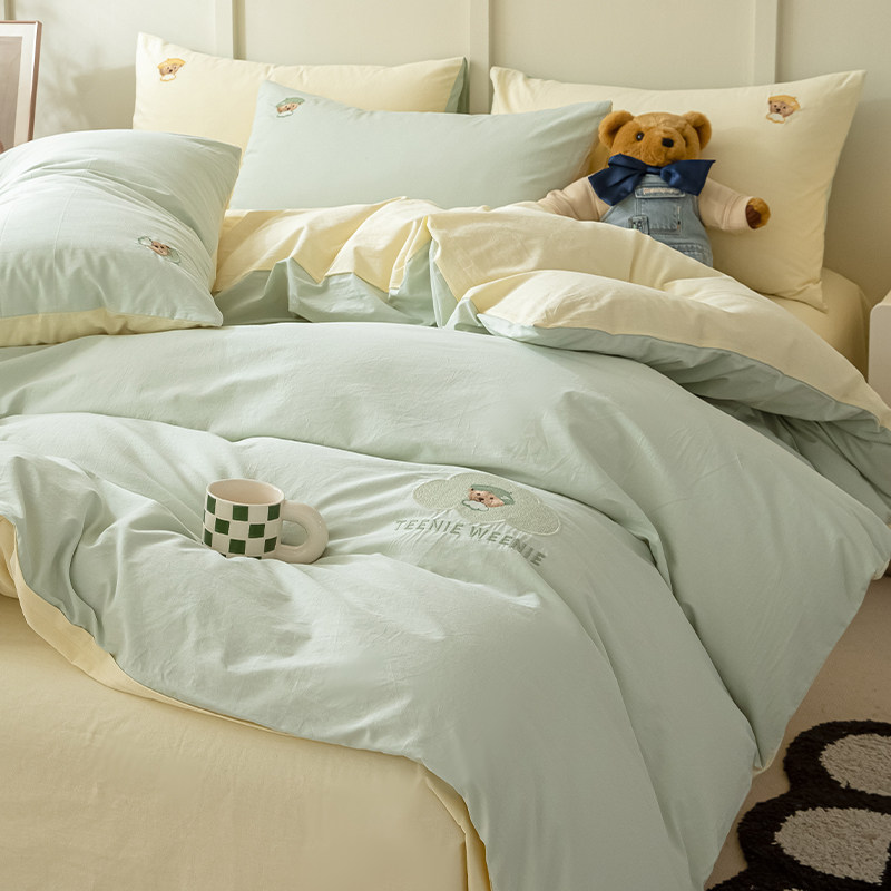 TeenieWeenie小熊刺绣全棉水洗棉床单四件套纯棉小清新被套罩纯色