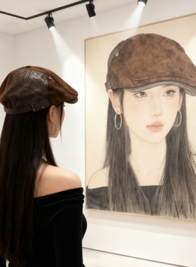 复古美式麂皮绒咖色前进帽女秋冬显脸小反戴贝雷帽大头围画家帽子
