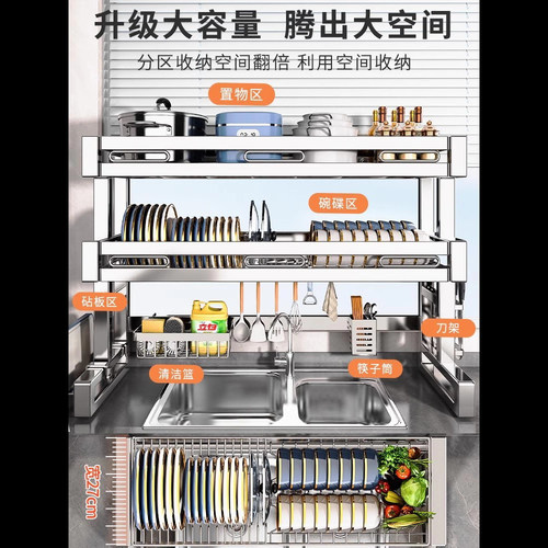 德国304不锈钢厨房水槽置物架洗碗槽多功能碗碟收纳放碗盘沥水架 - 图0