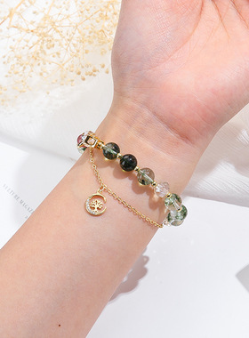 绿幽灵手串草莓晶吊坠千纸鹤手链轻奢小众精致招财水晶转运珠串珠