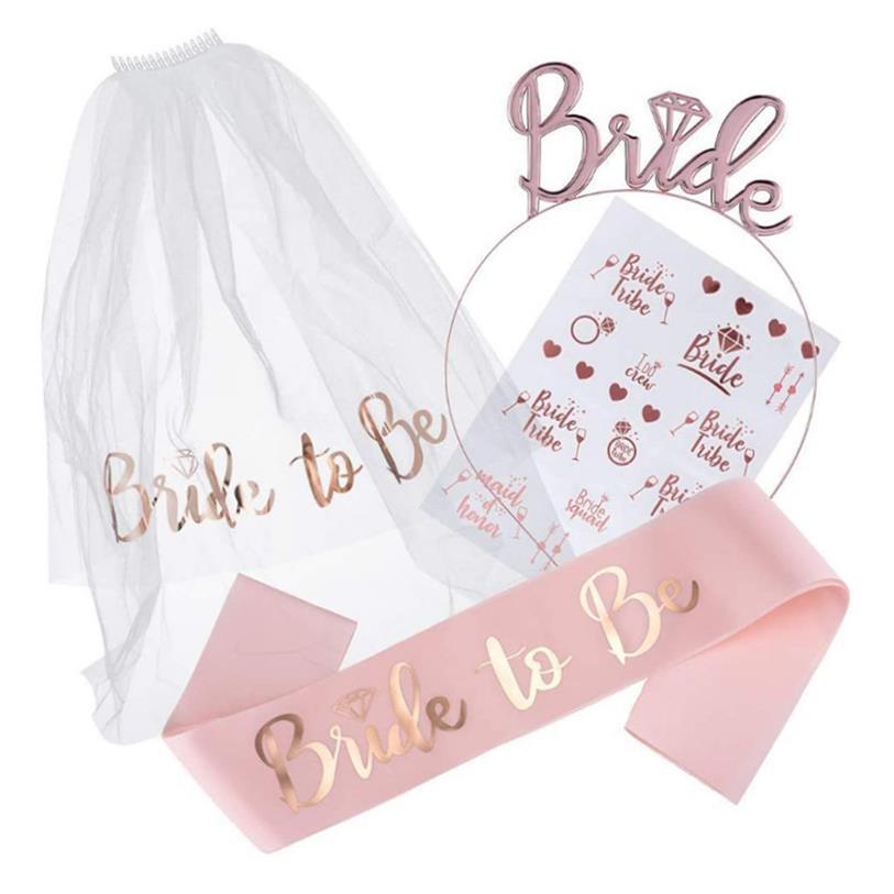 1Set Bride To Be Veil Satin Sash Hiarband Bridal Shower Wedd - 图1