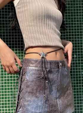 一绳多用民族风五角星黑绳皮革编织项链个性复古松石星星辣妹腰绳