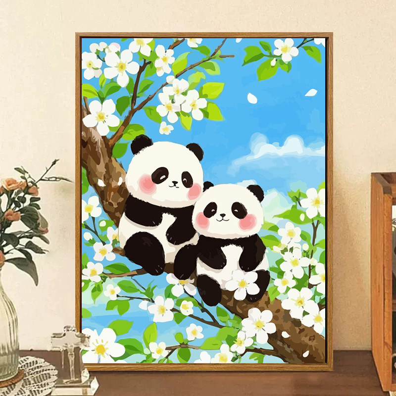 卡通可爱熊猫数字油画填充填色油画风景亲子DIY套装萌趣装饰挂画,淘宝优惠券,粉丝福利购,淘宝优惠卷