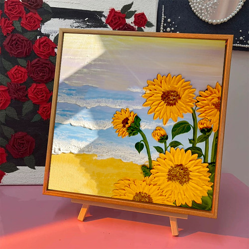 向日葵石英砂肌理画diy数字油画手工丙烯填充填色立体花卉装饰画 - 图0