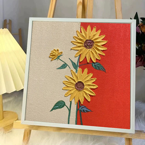 向日葵石英砂肌理画diy数字油画手工丙烯填充填色立体花卉装饰画 - 图1