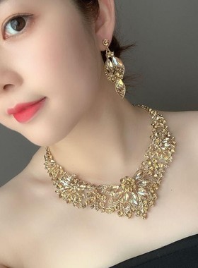 精品奢华彩色花朵水晶钻短锁骨项链耳环套装女新娘晚宴礼服装饰品