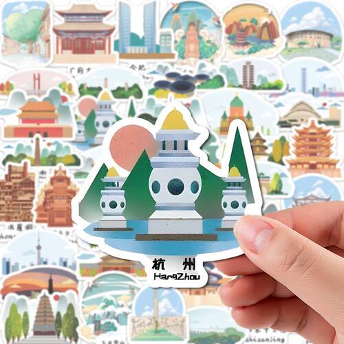 123张中国城市著名地标建筑卡通贴纸ins创意桌面装饰防水贴画DIY - 图1