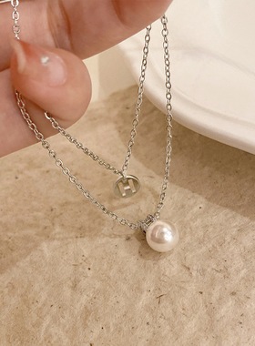 925纯银珍珠款字母双层项链女
