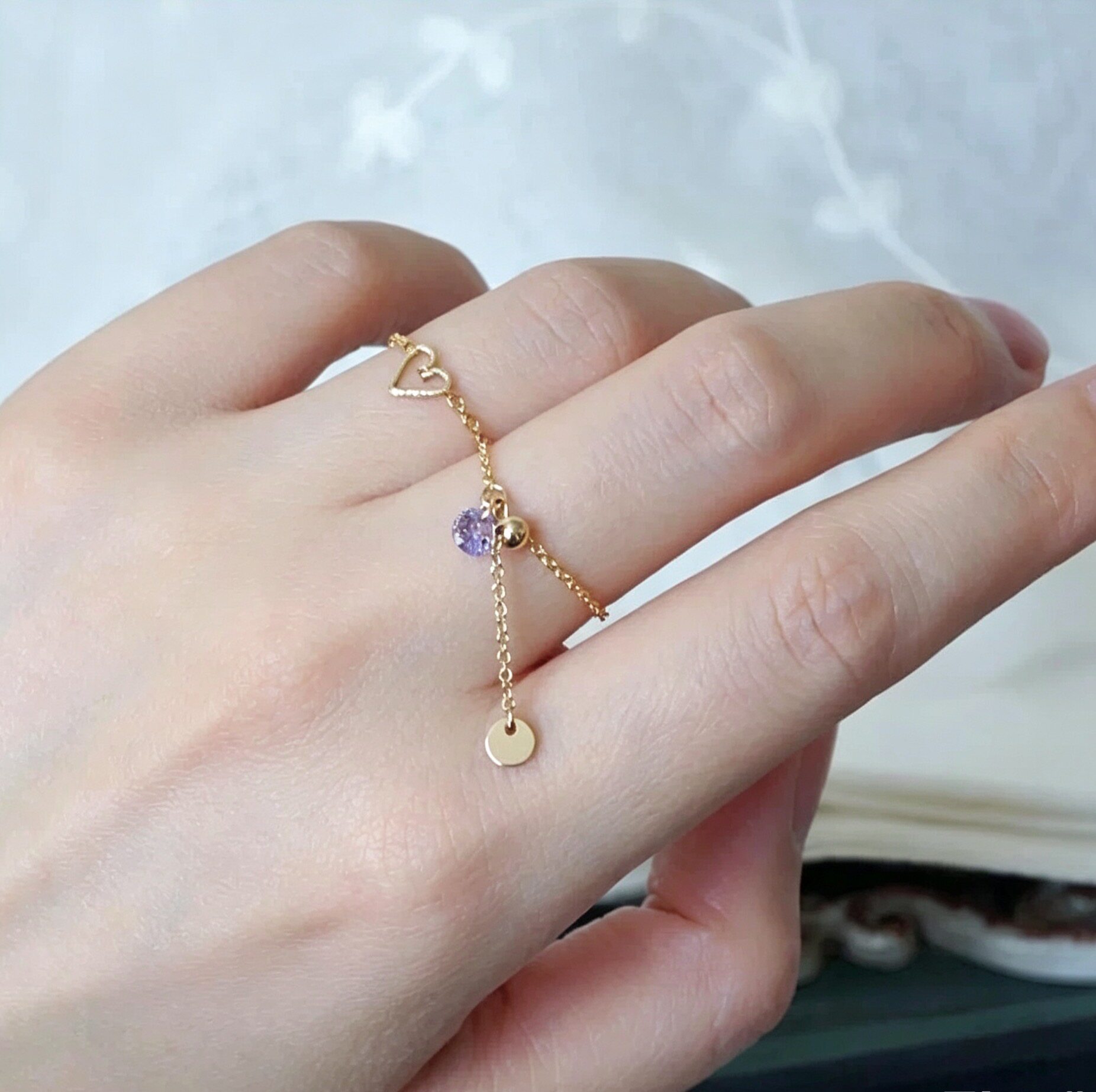 Purple zircon disc pendant adjustable chain ring for women