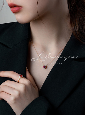 纯银红宝石项链女轻奢精致复古