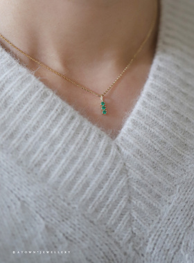 三颗祖母绿锆石一字日系纯银项链