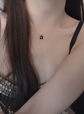 黑色花朵s925纯银项链锁骨链女