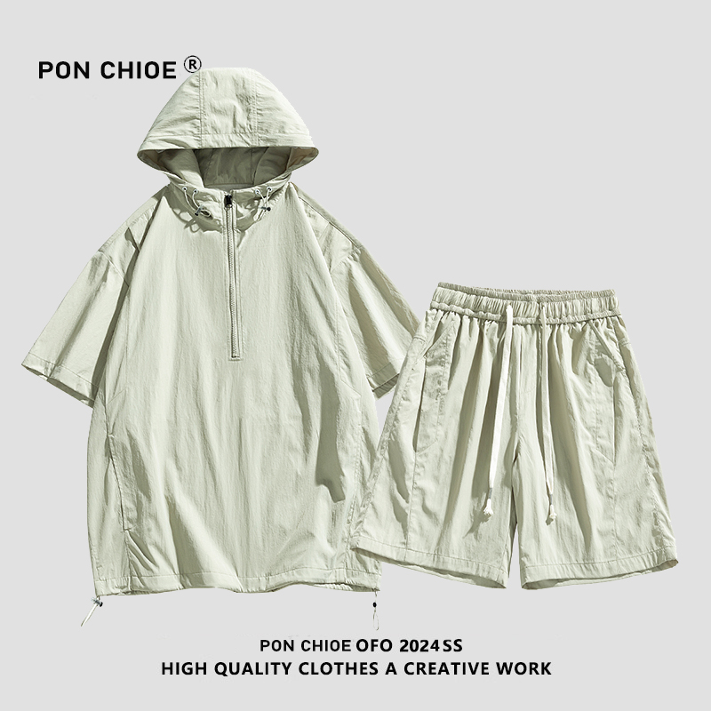 ponchioe运动套装男女夏季2024新款潮牌短裤一套休闲运动五分裤 - 图0