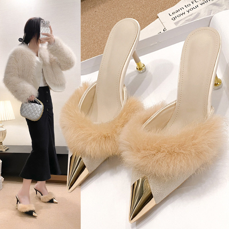 35-45码 大码毛毛拖鞋44外穿高跟包头半拖43尖头懒人试衣间女鞋42,淘宝优惠券,粉丝福利购,淘宝优惠卷