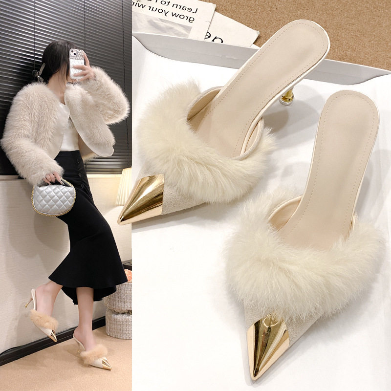 35-45码 大码毛毛拖鞋44外穿高跟包头半拖43尖头懒人试衣间女鞋42,淘宝优惠券,粉丝福利购,淘宝优惠卷