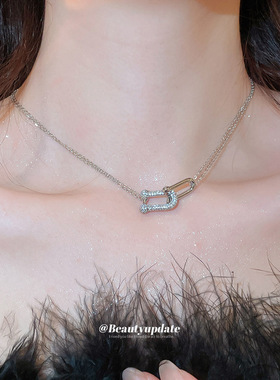 法式简约双层锆石马蹄交叉项链轻