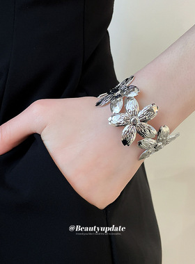 金属纹路几何花朵开口手镯冷淡风