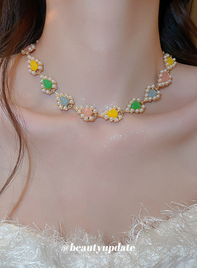 复古多巴胺彩色树脂爱心珍珠项链