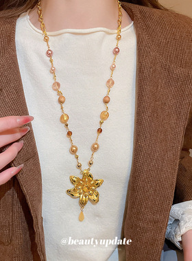 欧美跨境珍珠串珠花朵吊坠水晶项