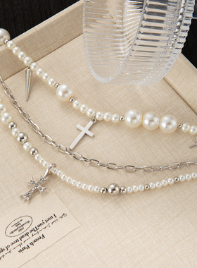 法式轻奢风甜美项链多层珍珠十字