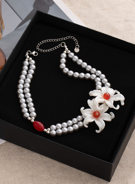 复古法式设计感双层珍珠鸢尾花项